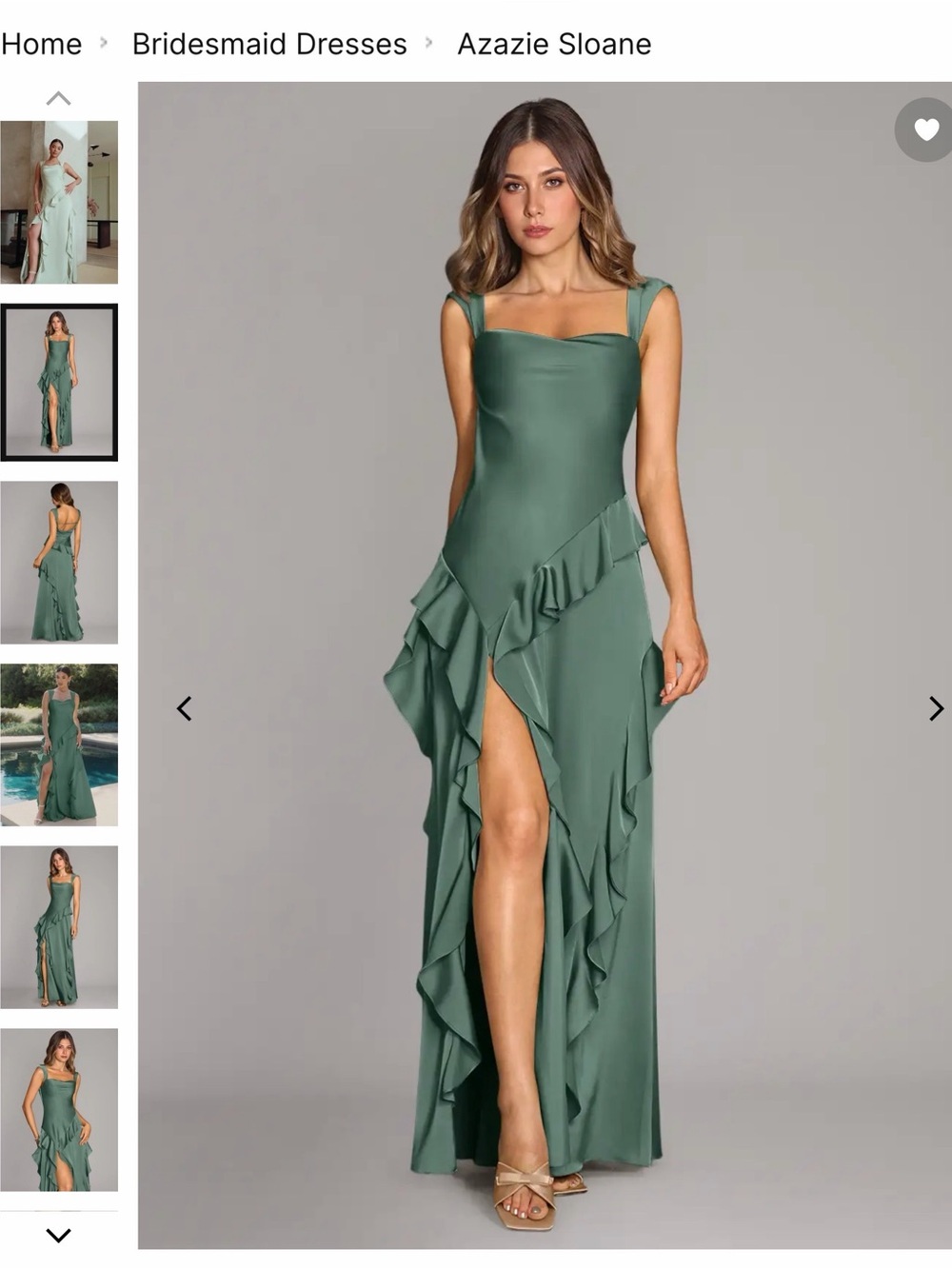 Azazie Sage Ruffle High-Slit Satin Gown in Eucalyptus